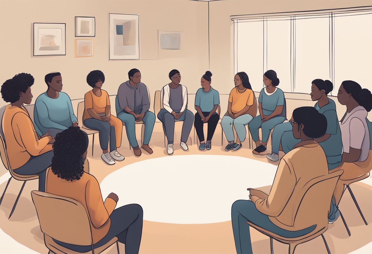 A group of individuals sit in a circle, sharing their experiences and supporting one another. The room is filled with a sense of empathy and understanding as they navigate the journey of grief together