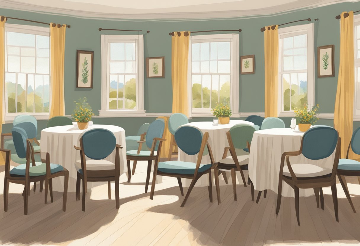 A circle of chairs arranged in a cozy, sunlit room. Soft, comforting colors and peaceful artwork adorn the walls. A table in the center holds tissues and refreshments for attendees