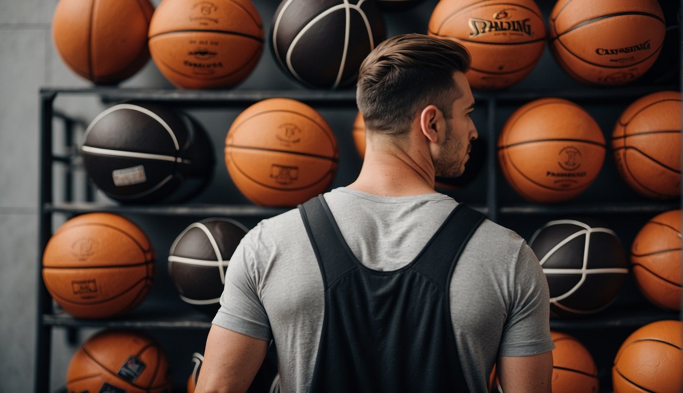 A person standing in front of a wall of basketballs, looking at different types and sizes, with a basketball hoop in the background