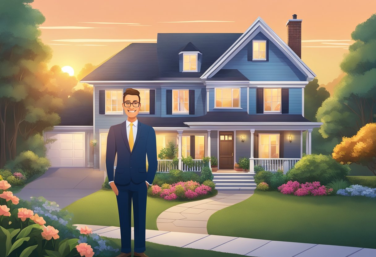 A realtor stands confidently in front of a house, holding a sign with their unique value proposition. The house is surrounded by a lush garden and a beautiful sunset in the background