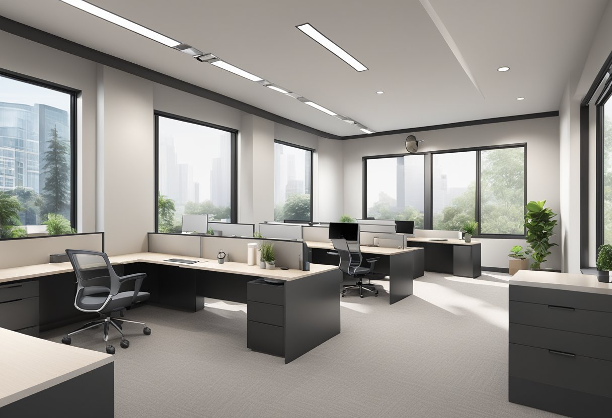 A modern, sleek office space with a prominent "Realtor" logo on the wall. Clean lines, neutral colors, and professional decor convey a sense of trust and expertise