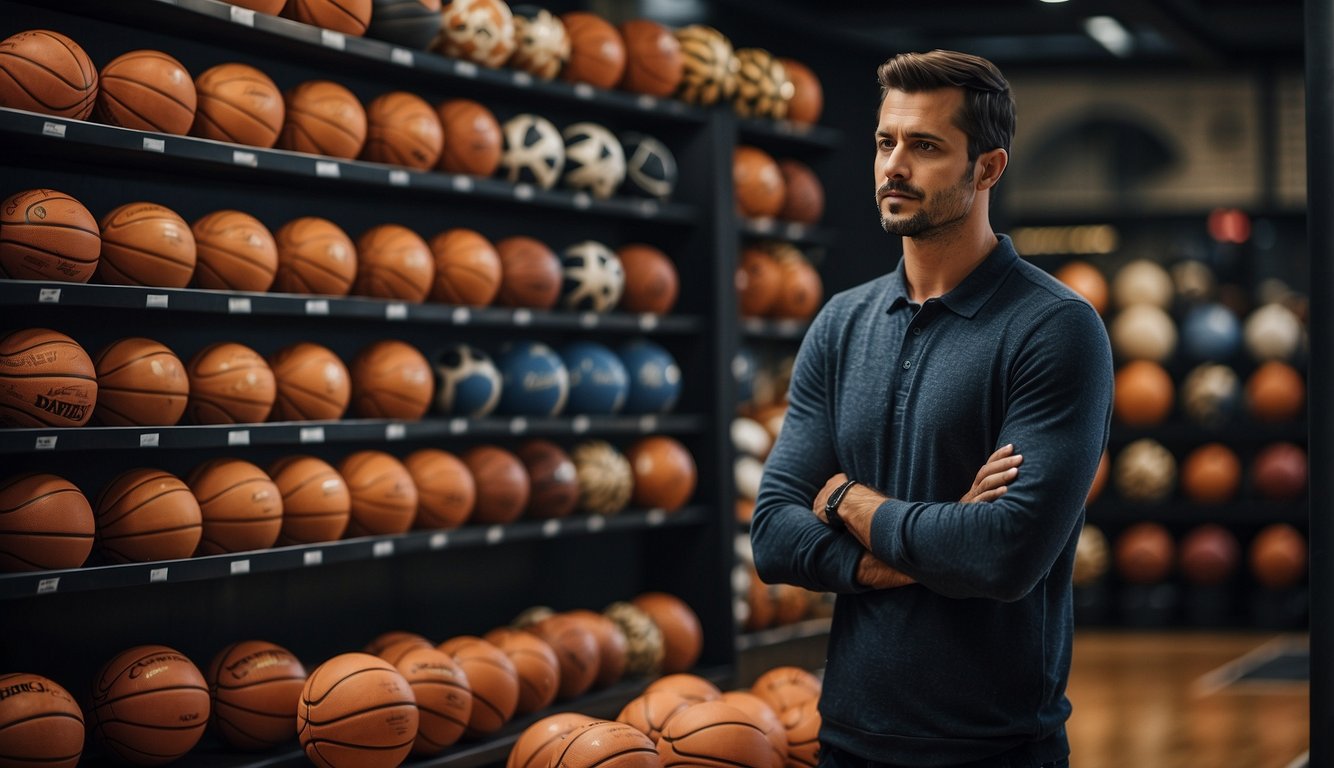 A person standing in front of a display of basketballs, pondering different types and sizes, with various options and prices on the shelves