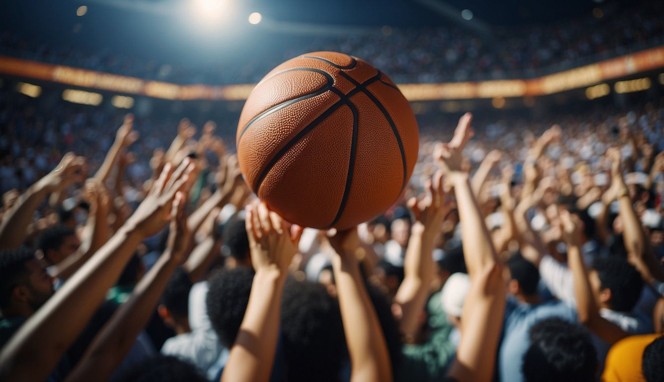 A basketball soaring through the air, surrounded by a diverse crowd, symbolizing unity, teamwork, and global passion for the sport