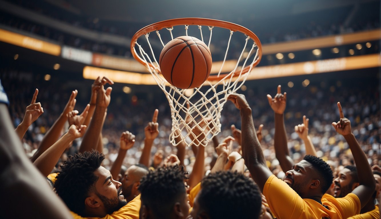 A basketball soaring through a hoop, surrounded by cheering fans and players, symbolizing the global impact and cultural significance of the sport