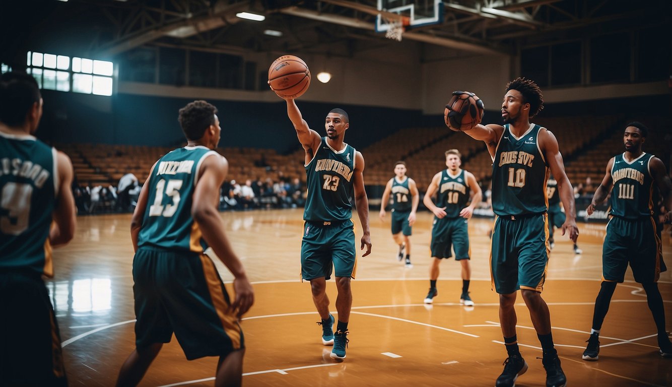 A basketball court with players in motion, showcasing teamwork, athleticism, and competition