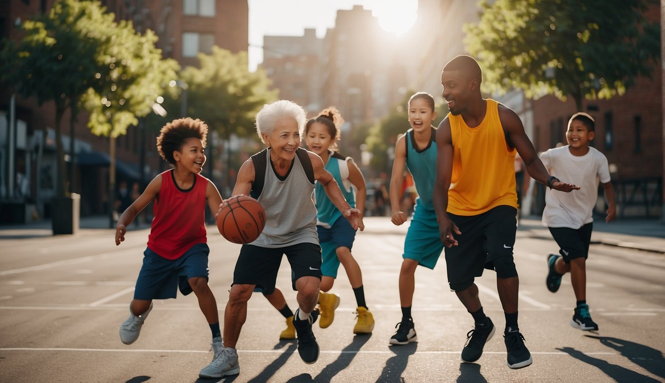 A diverse group of people of different ages and backgrounds playing basketball together in a vibrant urban setting, showcasing teamwork, inclusivity, and physical activity