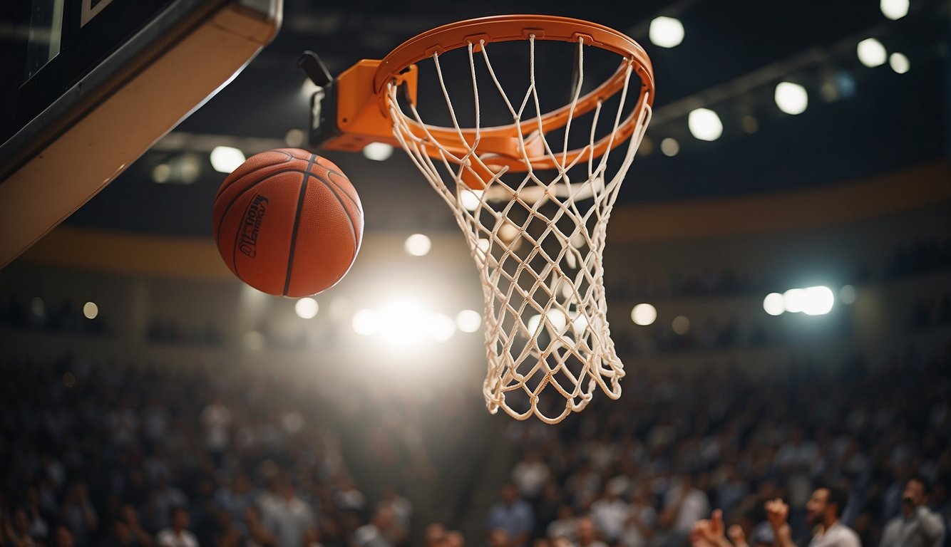 A basketball flying through the air towards a hoop, with players from different countries cheering in the background