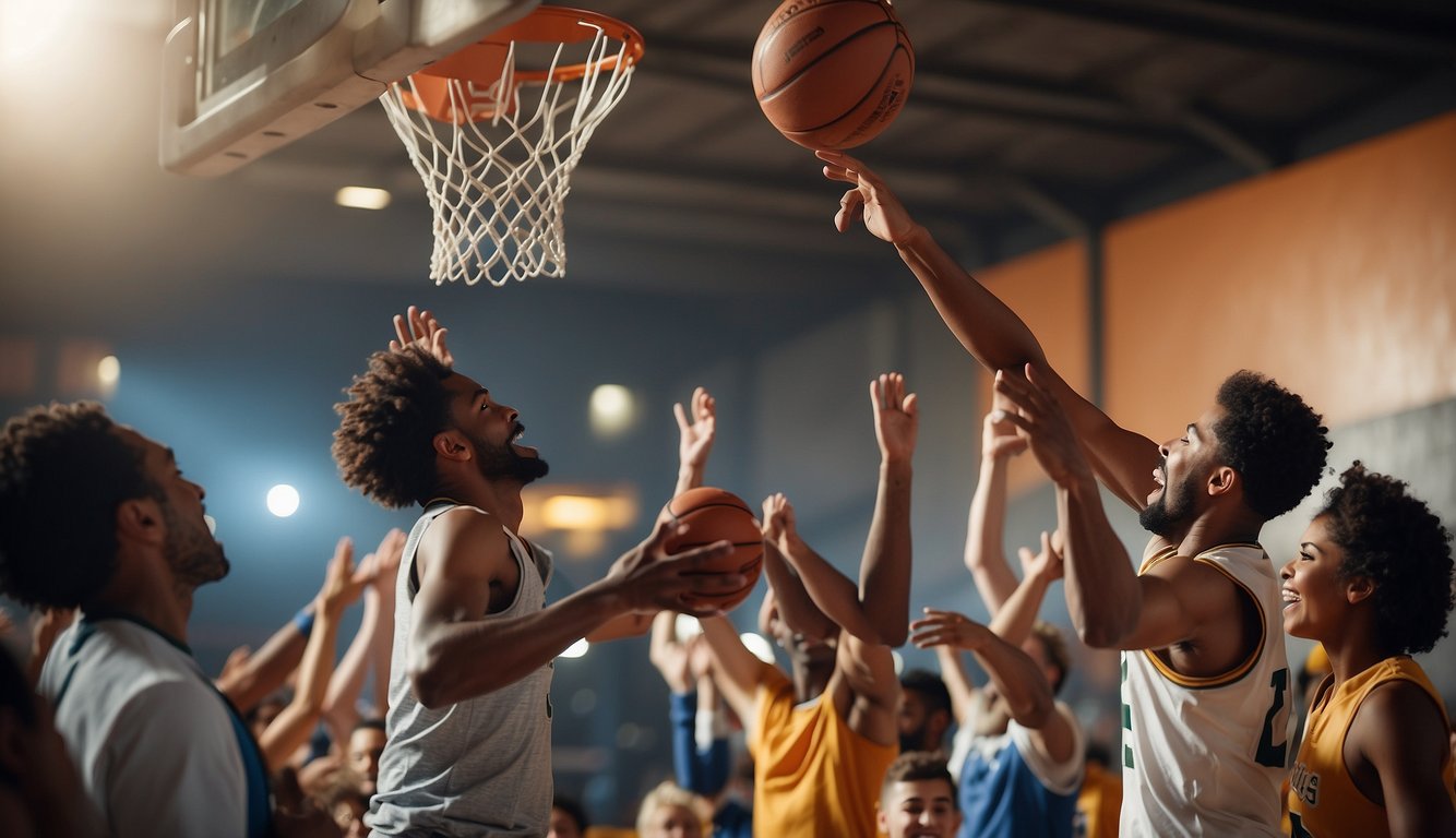 A basketball flying through the air towards a hoop, with a diverse group of people cheering and engaging in the game