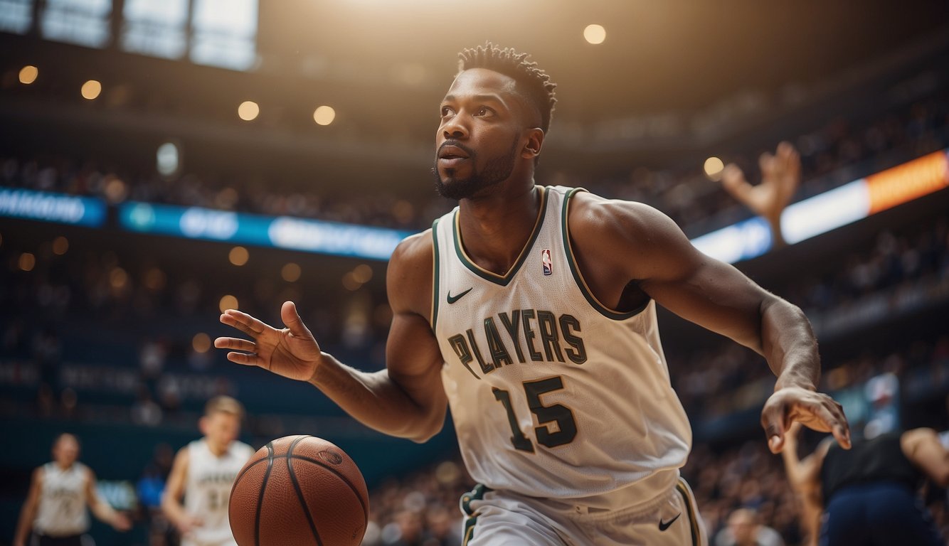 Players on a basketball court using angles and trajectories to make accurate passes and shots, demonstrating the strategic applications of mathematics in coaching