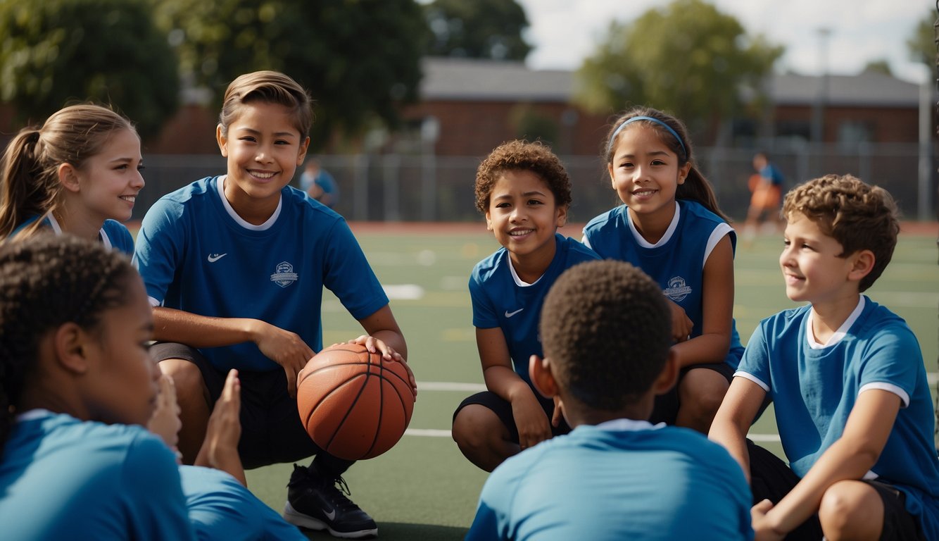 A group of kids gather at a local court, setting up cones and practicing drills. Coaches discuss team logistics and hand out uniforms