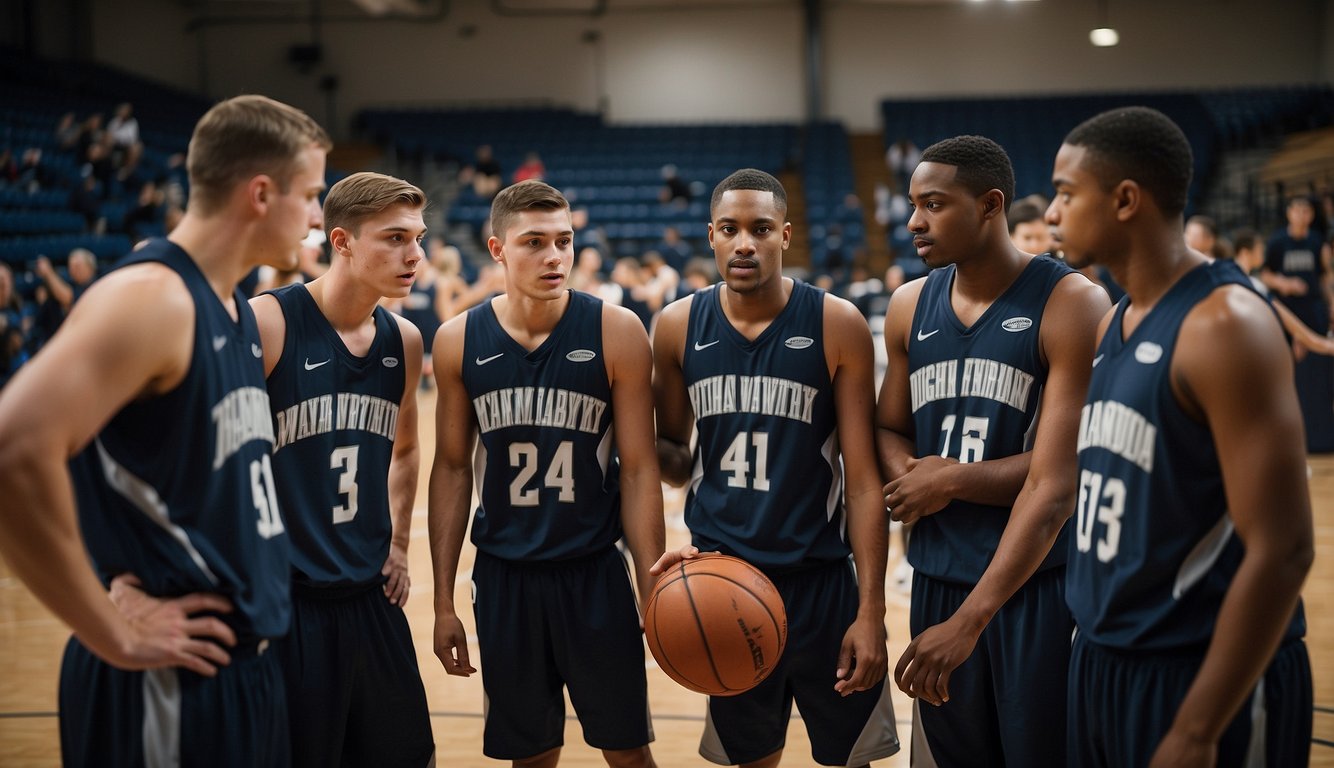 Players gather around a coach, discussing strategy and team organization for their AAU basketball team. Uniforms and equipment are laid out, ready for the upcoming season