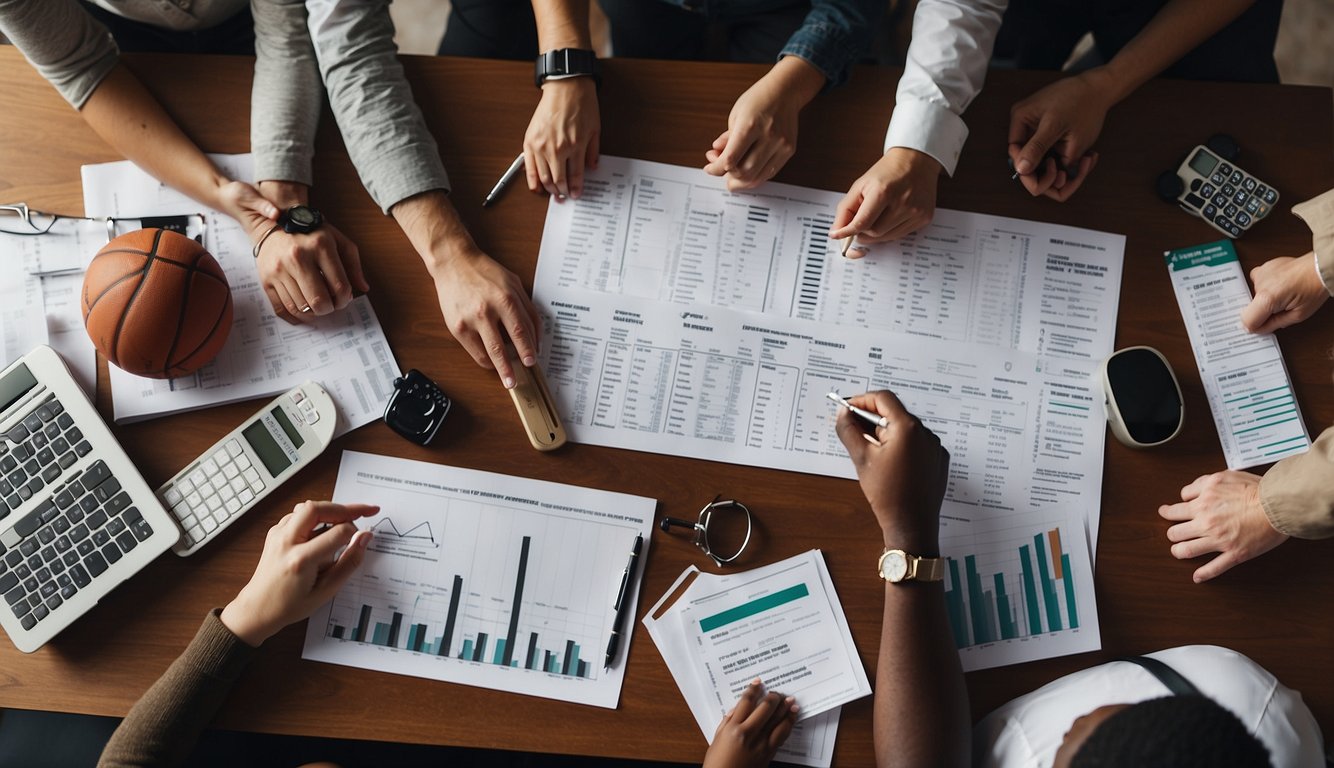 A group of people discussing finances and planning for an AAU basketball team, with charts, graphs, and budgeting tools spread out on a table