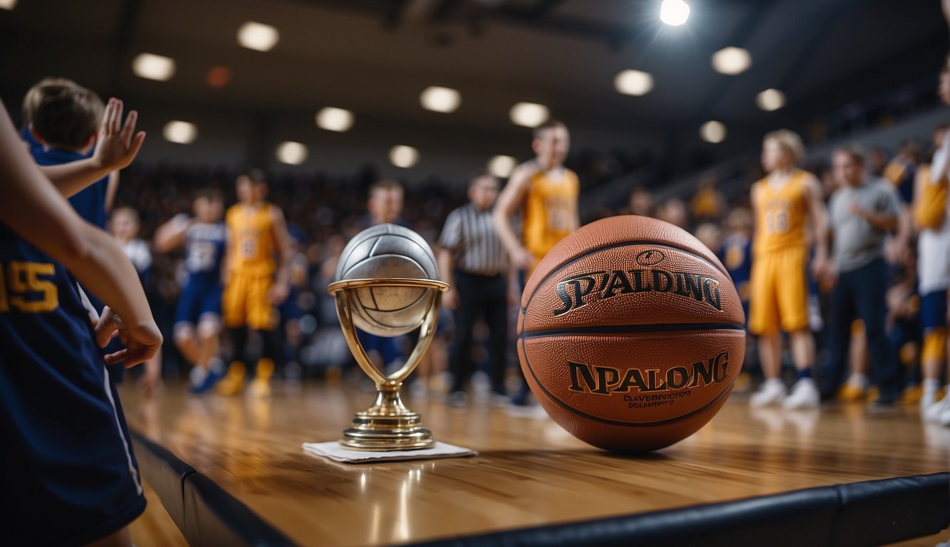 Players dribbling basketballs, coaches instructing, parents cheering, and team registration forms being filled out. Trophy displayed in the background