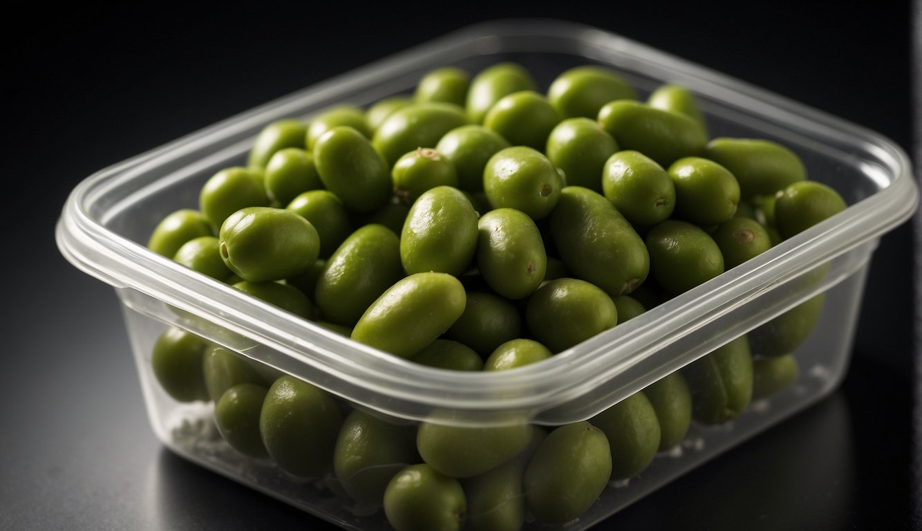 Edamame stored in a sealed container in the refrigerator. Some pods may have slight discoloration after 3-4 days, but still safe to eat