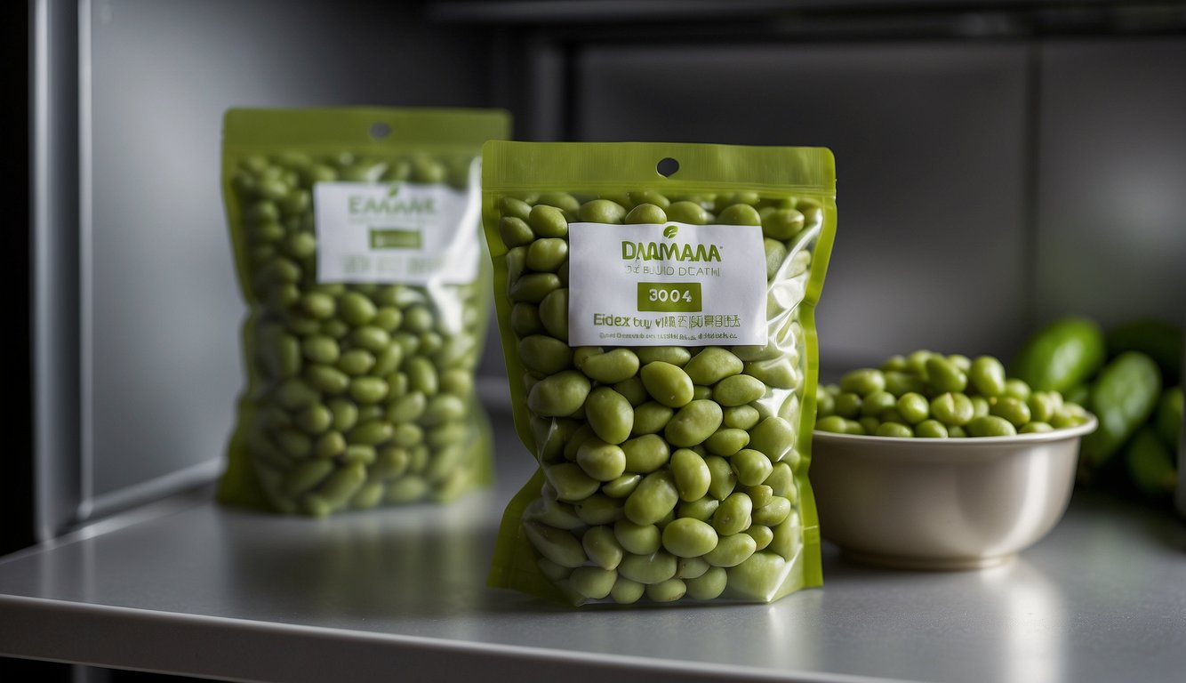 A sealed bag of fresh edamame sits on a refrigerator shelf, surrounded by other produce. The packaging is labeled with the expiration date, and a small container of cooked edamame sits nearby for reference