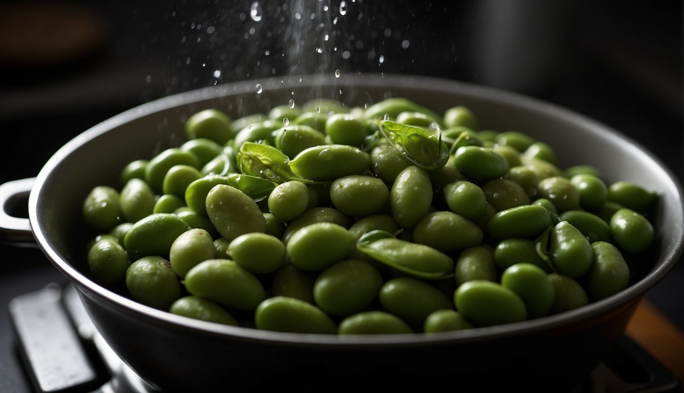 Edamame pods being boiled in a pot of water. Timer set for 5 minutes. Seasoning and tossing in a bowl