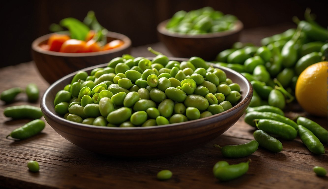 A bowl of fresh edamame sits on a wooden table, surrounded by colorful vegetables and fruits. The vibrant green pods are bursting with nutrition, highlighting their health benefits and dietary considerations
