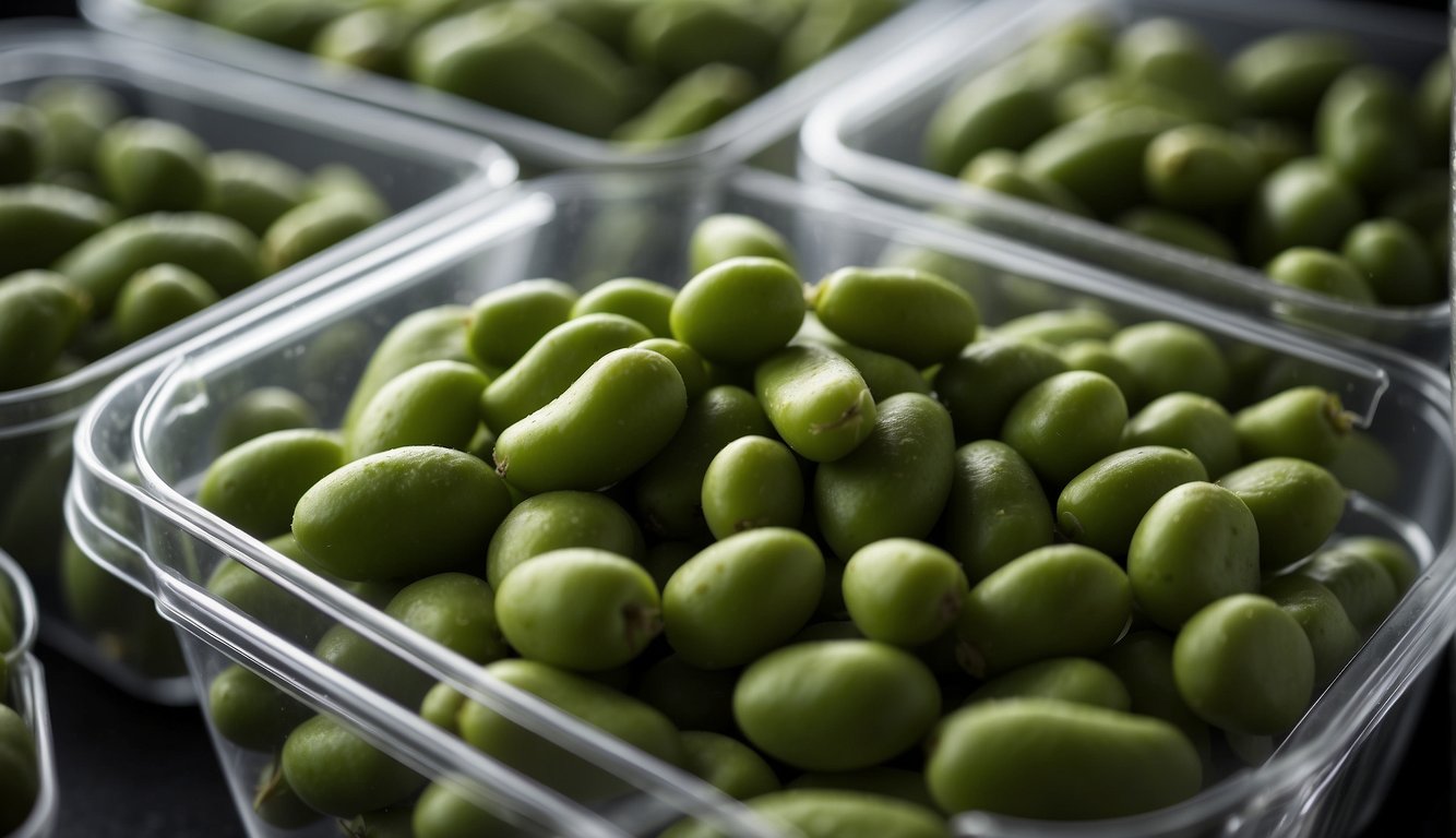 Fresh edamame beans stored in a sealed container in the refrigerator. Check for any signs of spoilage before consuming