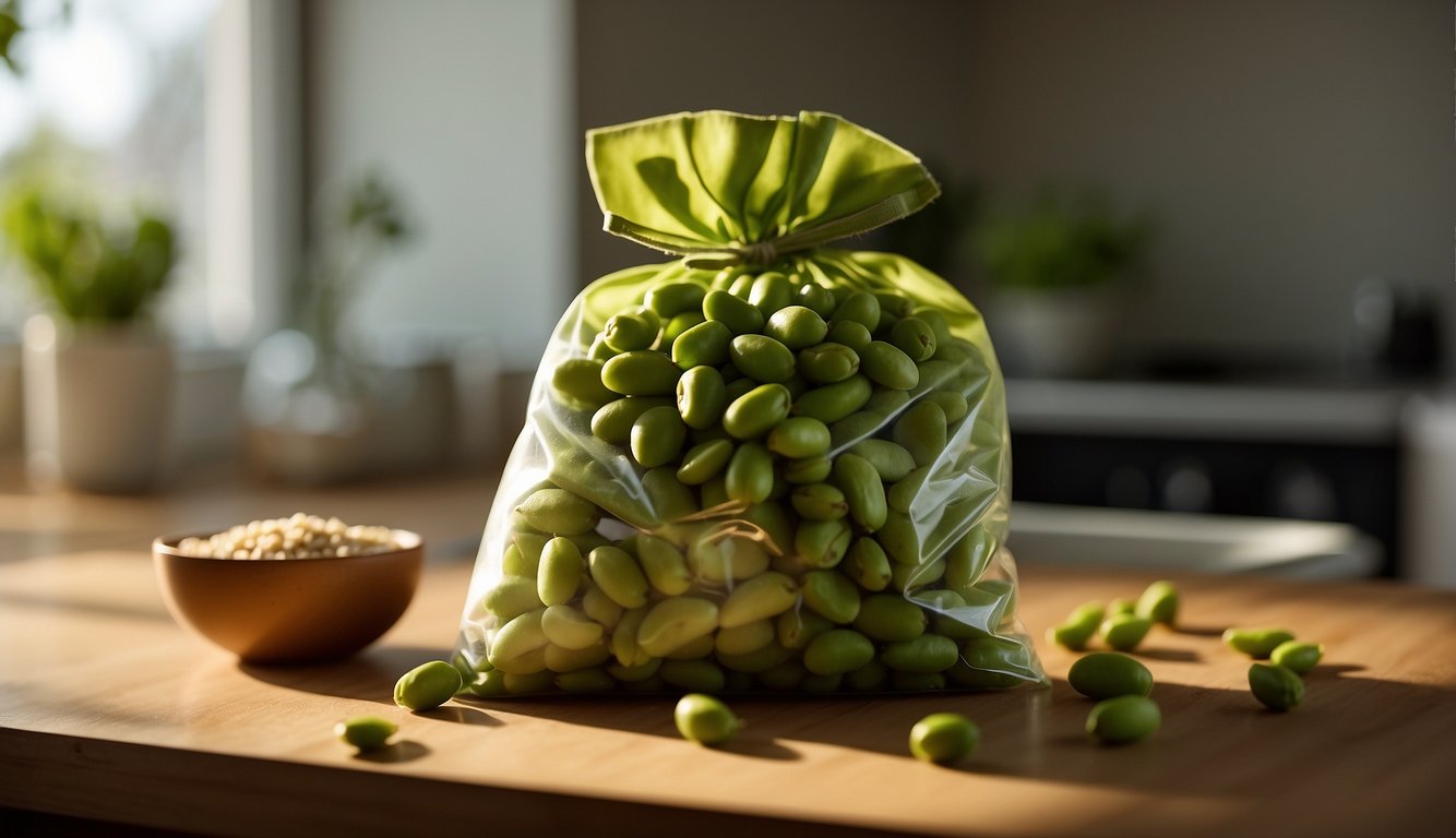 A bag of edamame sits on a kitchen counter, with a "Best By" date clearly visible. Sunlight streams in through a nearby window, casting a warm glow on the green pods