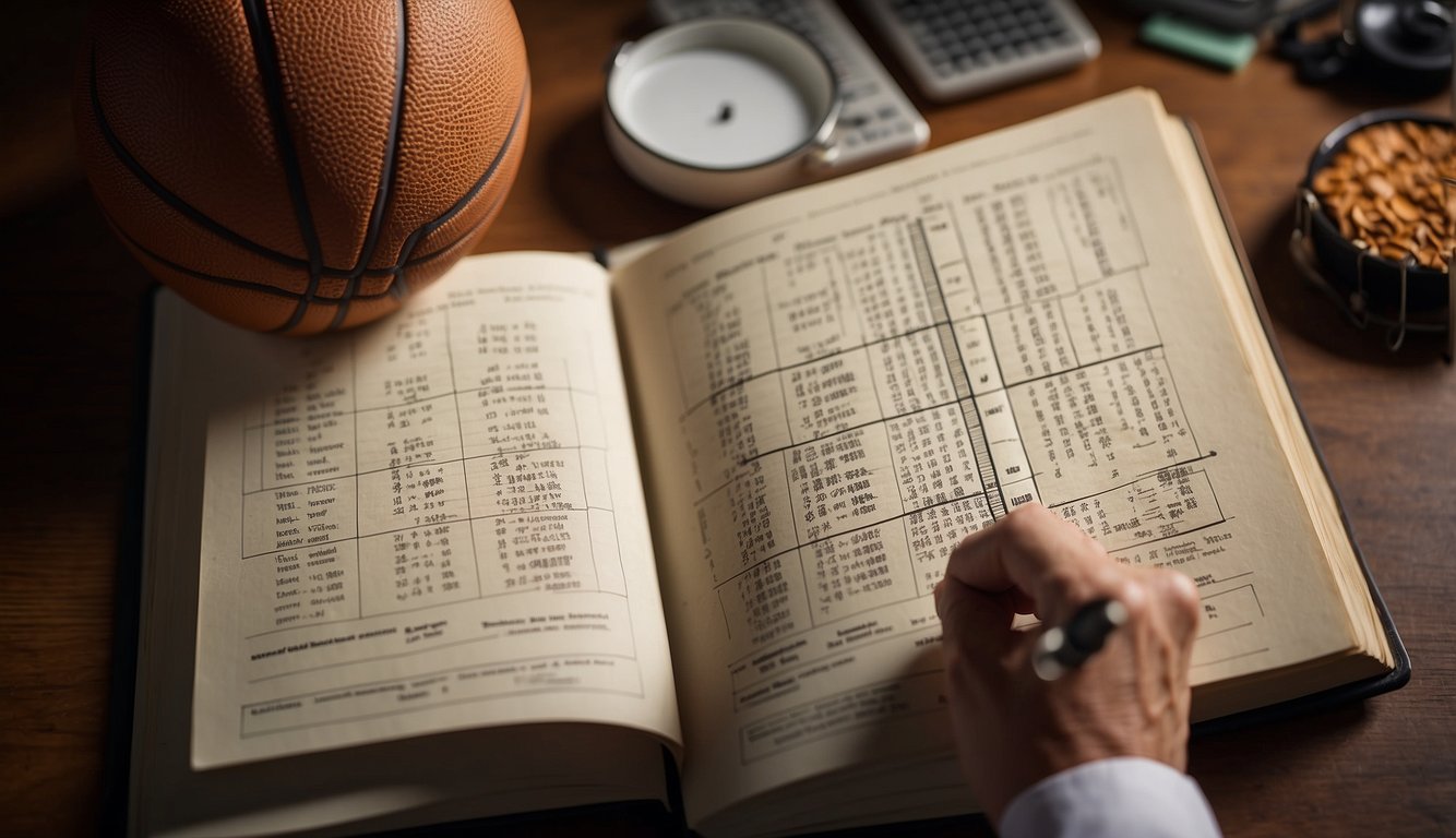 A hand opens a basketball scorebook to a blank page, holding a pen ready to record player names, points, fouls, and other game statistics