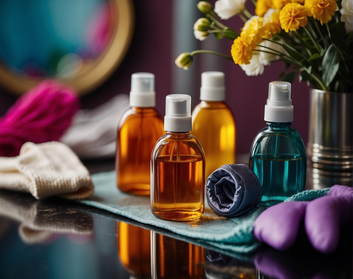 A colorful array of dye bottles, gloves, and a mirror on a table