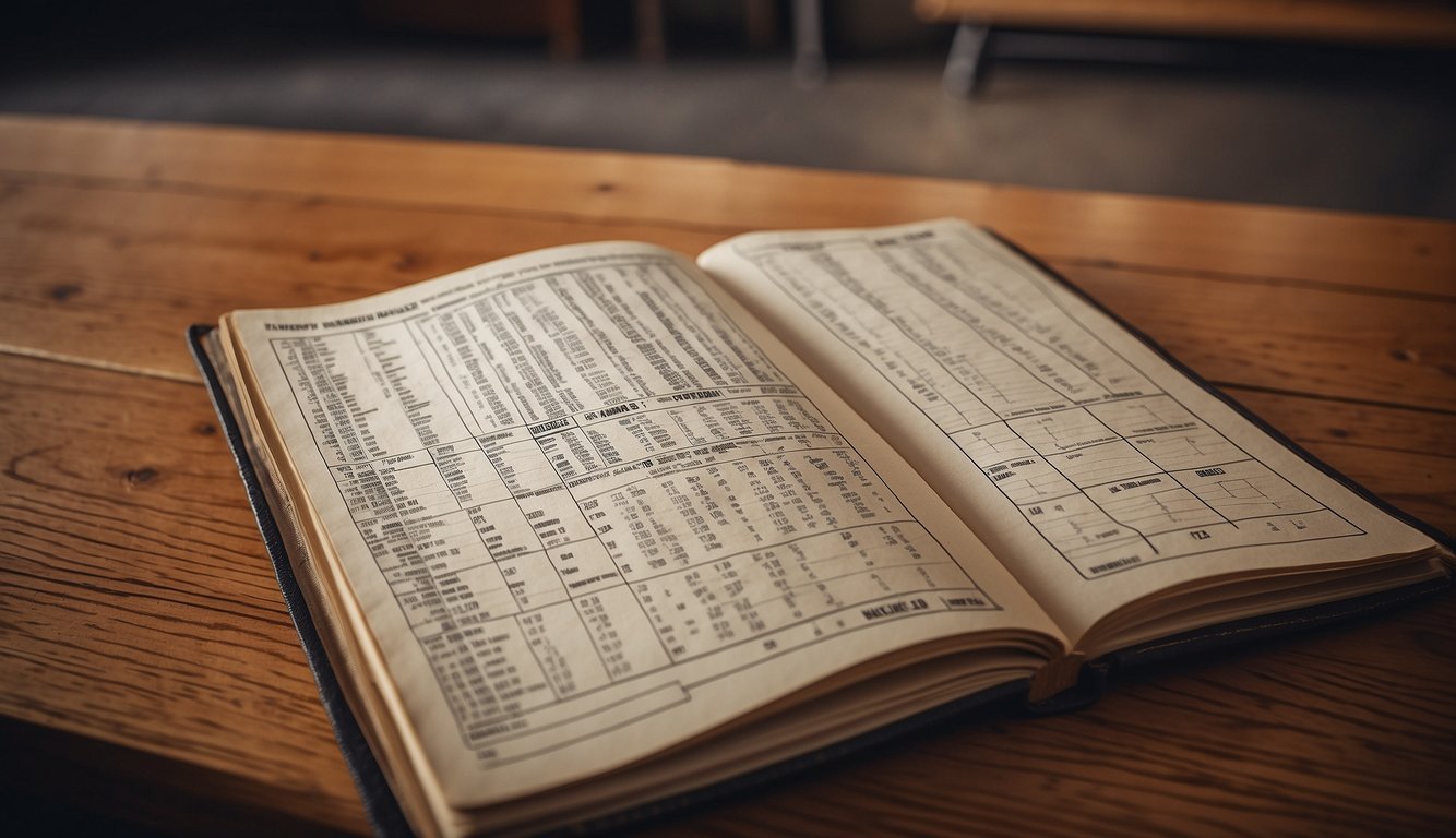 A basketball scorebook lies open on a wooden table, with clear and organized entries for each player's statistics and game details