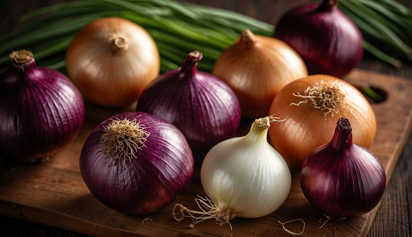 A colorful assortment of fresh onions, showcasing their different shapes and sizes, is arranged on a wooden cutting board