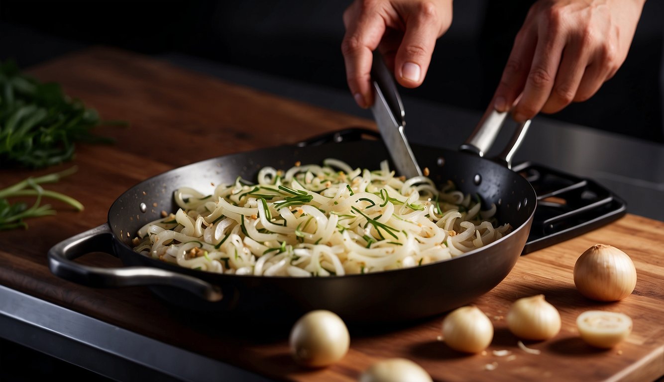 A chef sautéing onions in a sizzling pan, releasing a fragrant aroma. Chopped onions on a cutting board with a knife