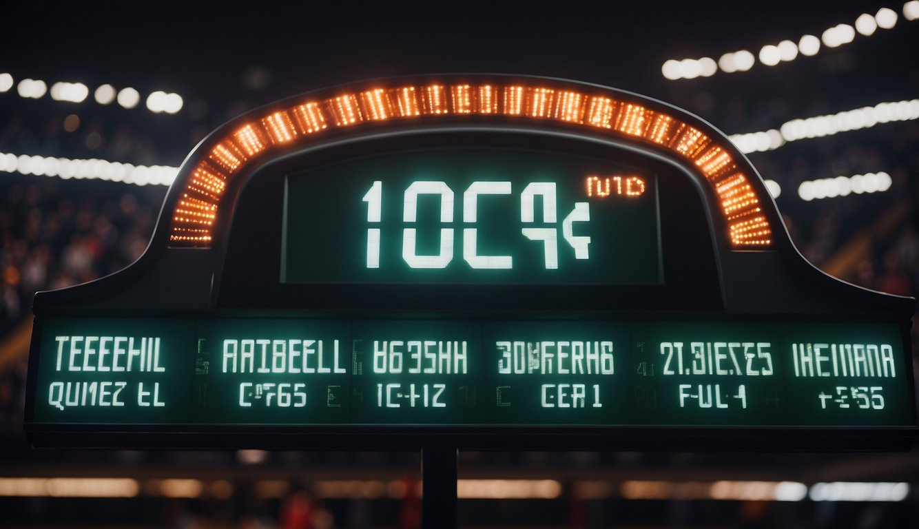 The basketball scoreboard lights up as the home team scores, with the numbers changing and the buzzer sounding at the end of each quarter