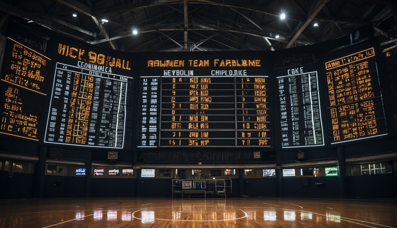 A basketball scoreboard displaying game time, scores, and team names, with clear and visible instructions on usage and compliance regulations