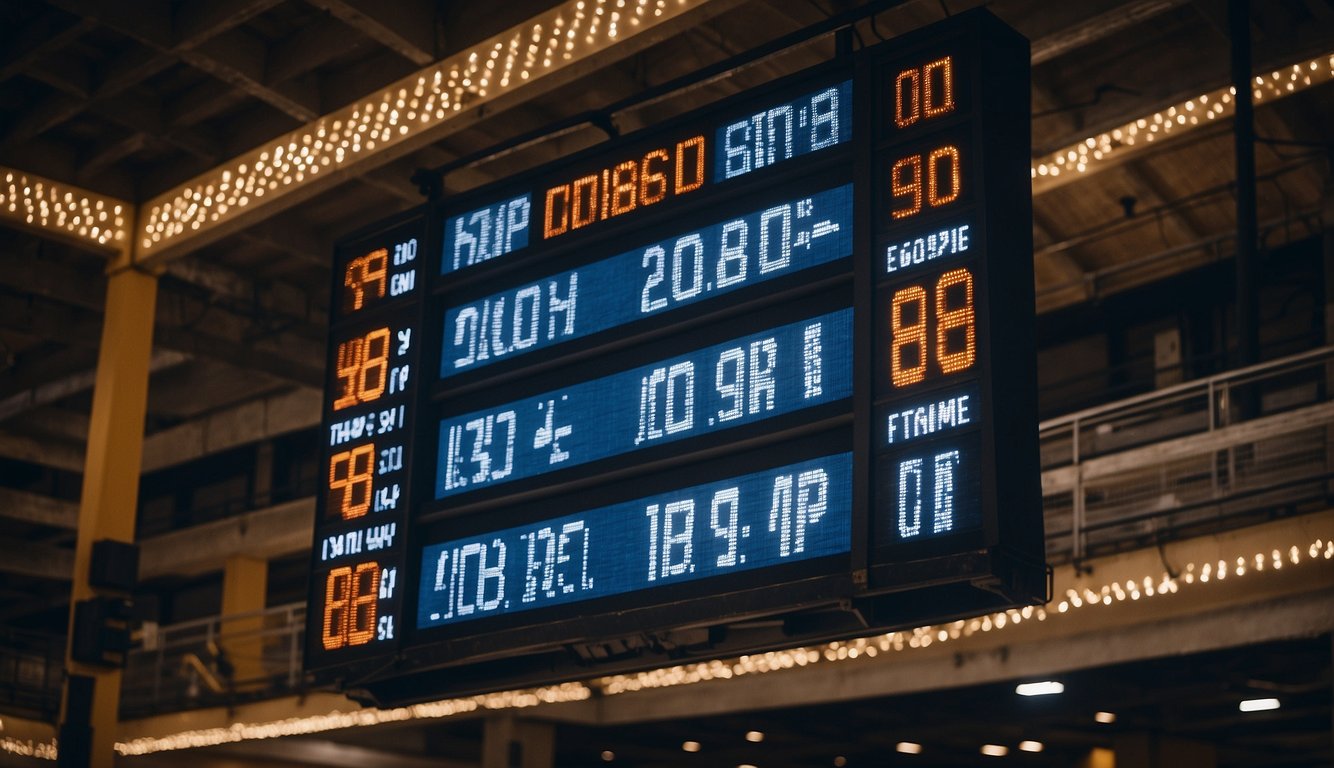 A basketball scoreboard illuminates above the court, displaying the team names, scores, and game time. Bright LED lights and clear digital numbers make it easy for spectators to follow the game