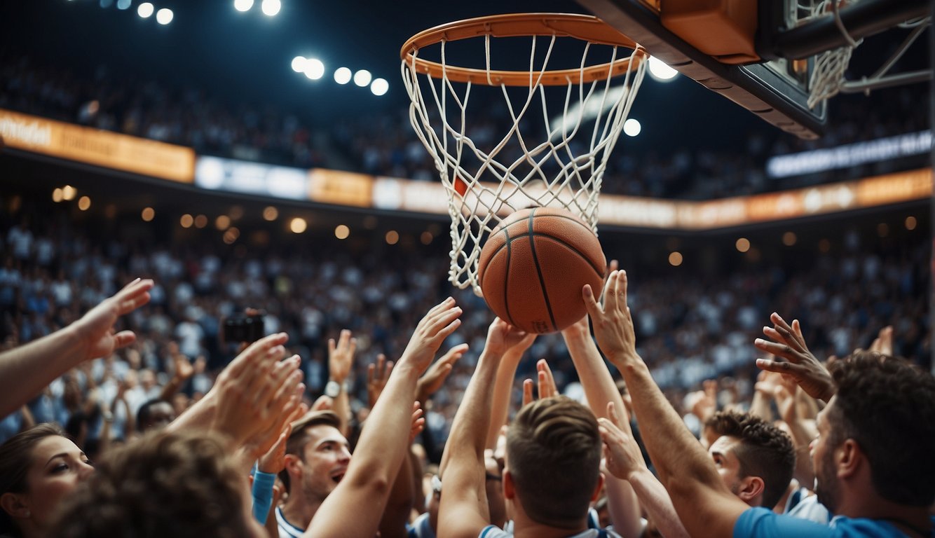 A basketball soaring through a hoop, surrounded by cheering fans and teammates, symbolizing the transformative power of the sport