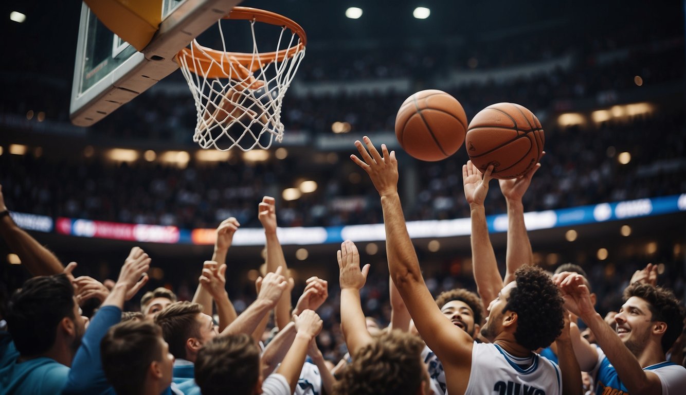 A basketball soaring through the air towards a hoop, surrounded by eager players and cheering fans