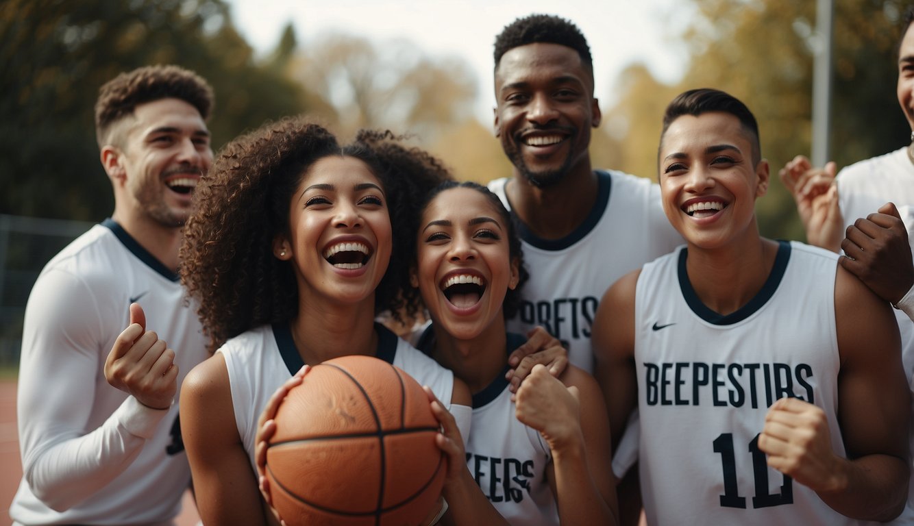 A group of diverse individuals playing basketball, smiling and cheering each other on, showing teamwork and camaraderie