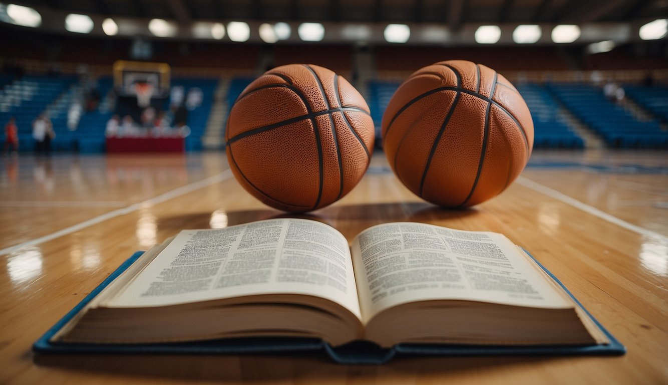 A basketball sits on a court, surrounded by empty bleachers. A book and pencil lay nearby, symbolizing the potential for learning and growth beyond the game