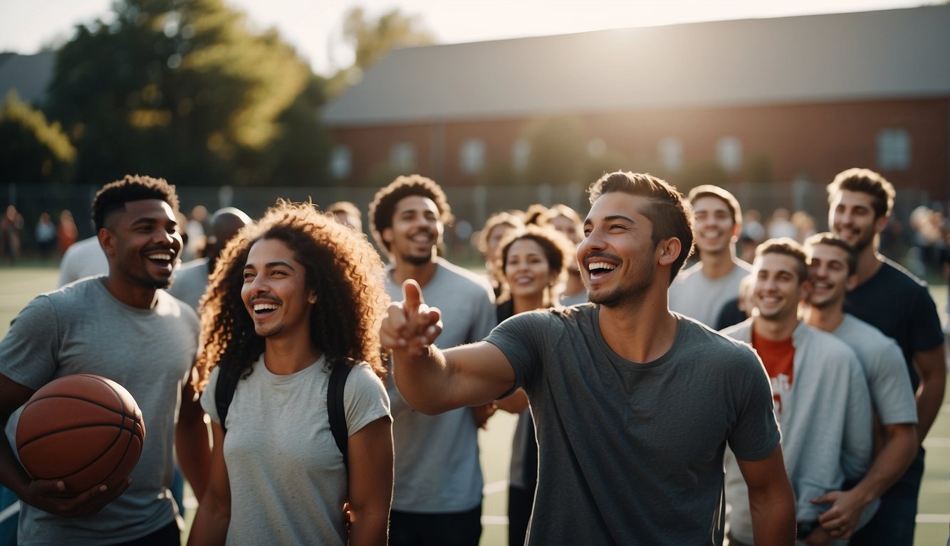 A group of people gather around a basketball court, laughing and cheering as they play together. The sense of community and camaraderie is palpable, as the game brings them closer and strengthens their relationships