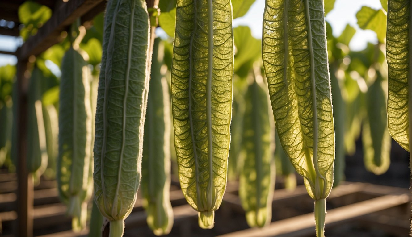 Luffa vines hang from a wooden trellis, drying in the sun. Harvested luffas lay on a table, ready for cultivation