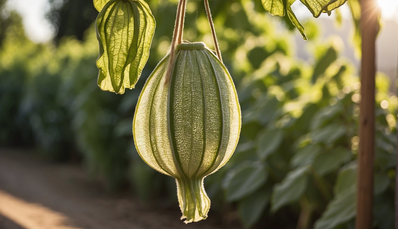 Luffa hanging on a clothesline, sun shining down, air gently drying the plant