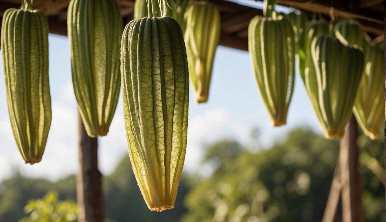 Luffa hanging to dry in a well-ventilated area, sunlight streaming in. Once dry, it is carefully stored in a cool, dry place for preservation
