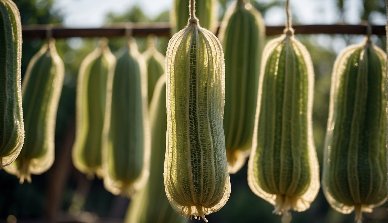 A luffa is hung to dry in a well-ventilated area, away from direct sunlight. The luffa is suspended by a string or hook, with space between each luffa to allow for proper air circulation