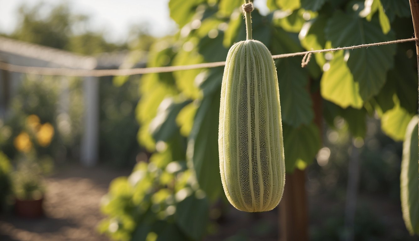 Luffa hanging on a clothesline, under the sun, with air circulating around it