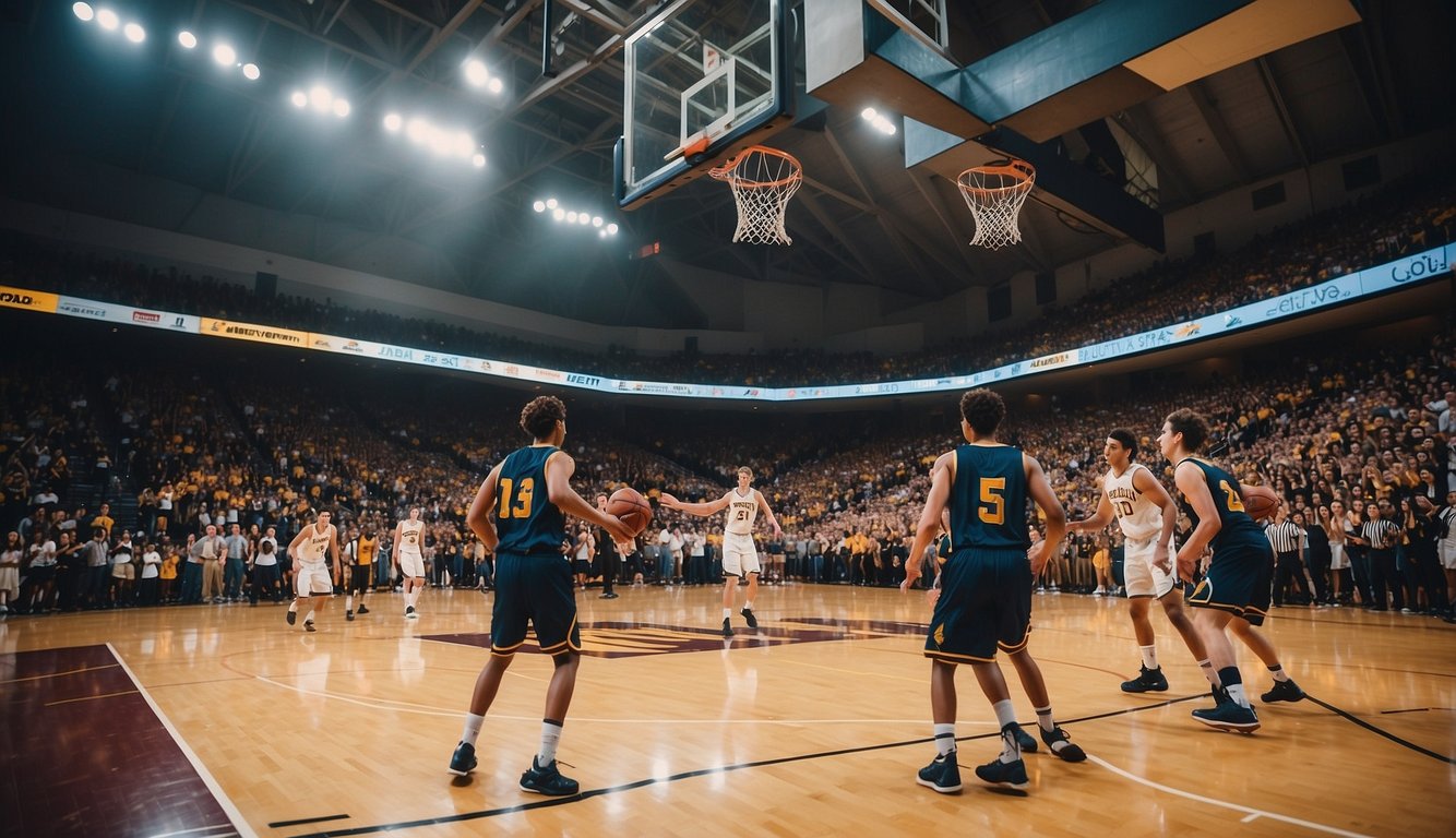 A basketball court at a top California college, with players in action, cheering fans, and a vibrant, competitive atmosphere