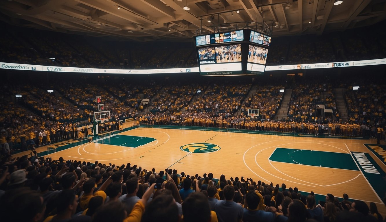 A basketball court filled with college teams competing in California, with cheering fans and coaches on the sidelines