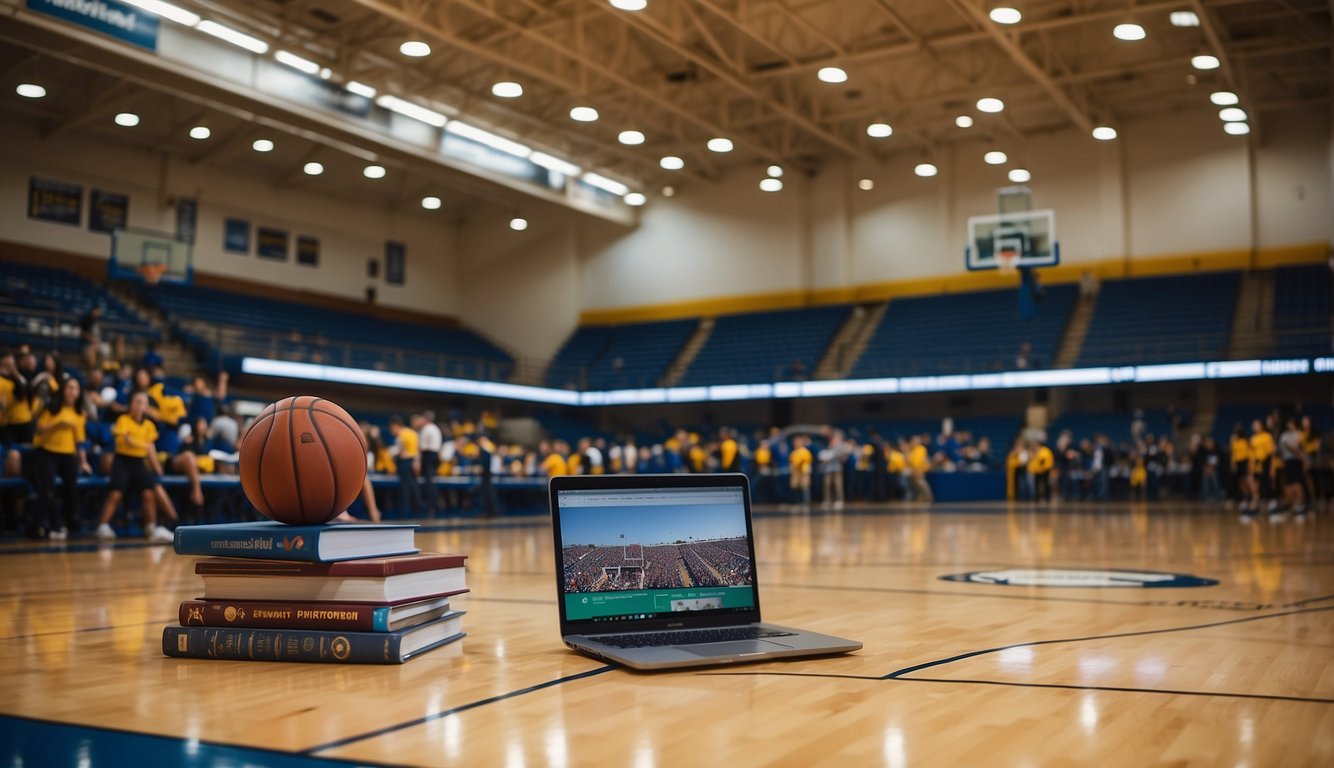 A basketball court with college logos in California. Books and laptops on the sidelines. Students in athletic gear studying