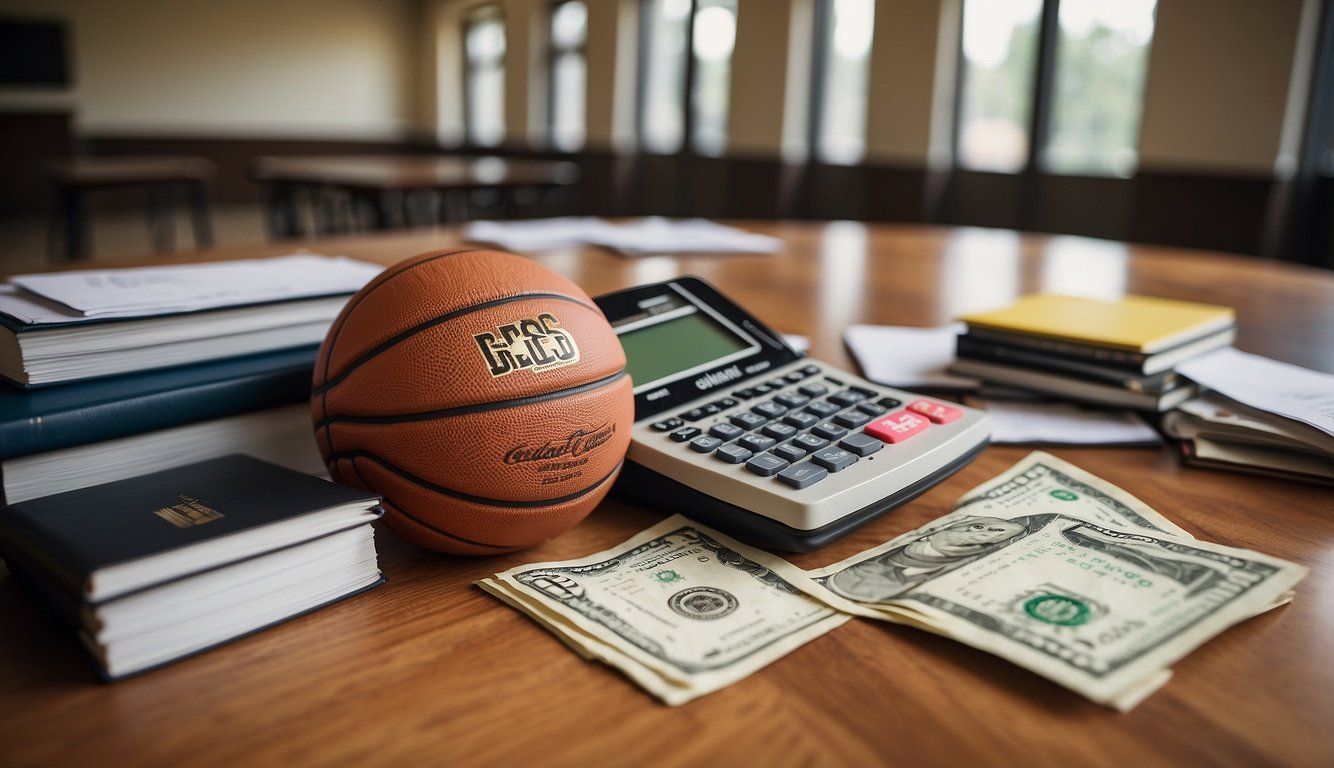 A basketball court with college logos, a stack of scholarship papers, and a calculator with dollar signs