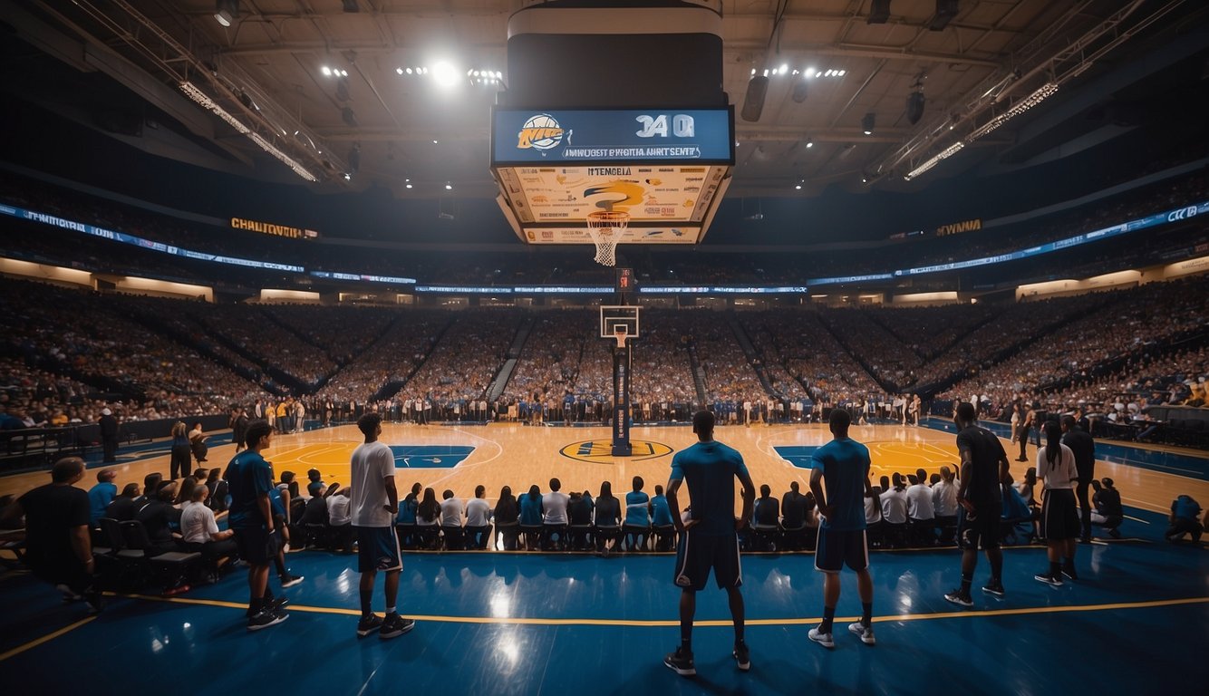 A basketball court with college logos and NBA team banners, surrounded by eager young athletes and coaches discussing career opportunities