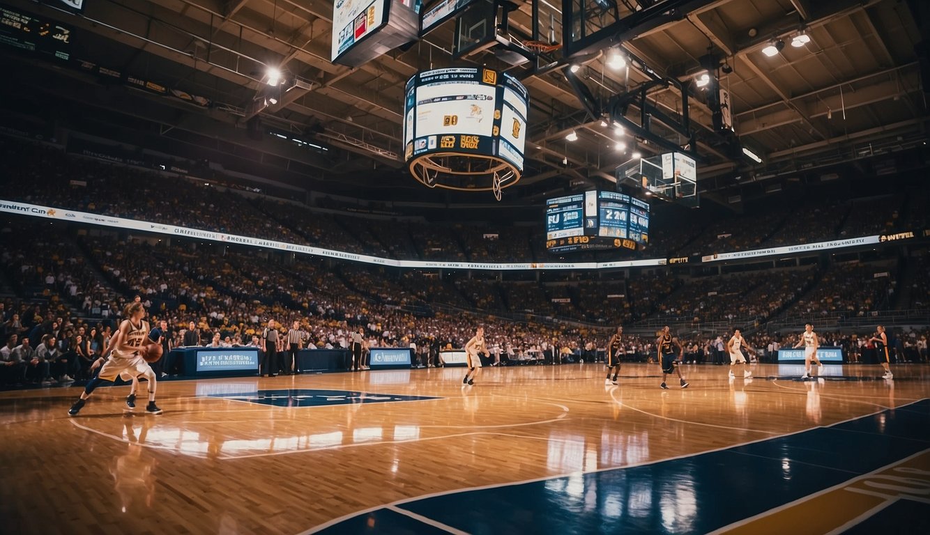 A basketball court with college logos, players in action, and a scoreboard displaying statistics