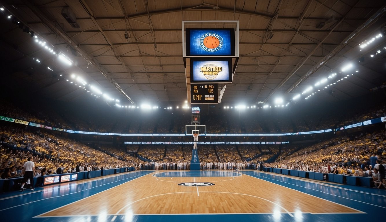 A basketball court surrounded by cheering fans, with college banners hanging from the rafters and players in action