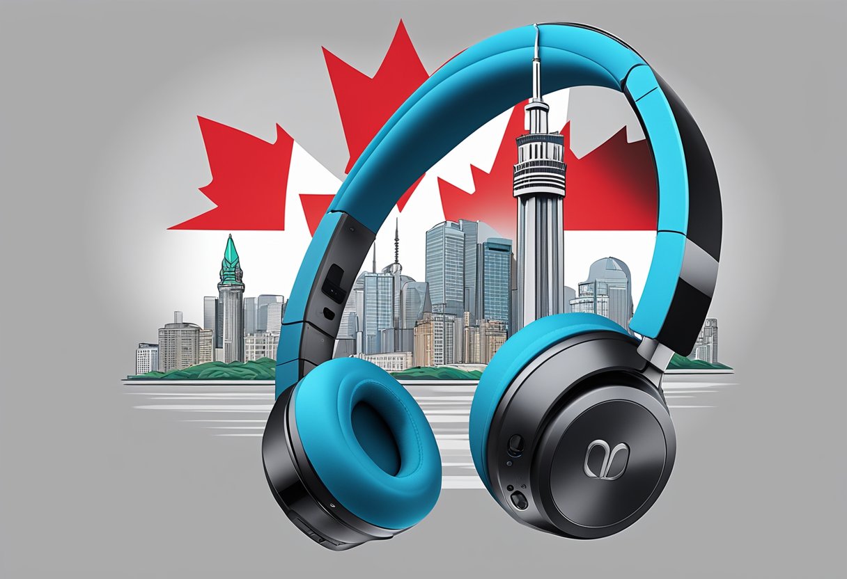 A sleek, modern Bluetooth headset sits atop a Canadian flag, with a backdrop of iconic Canadian landmarks like the CN Tower and Niagara Falls