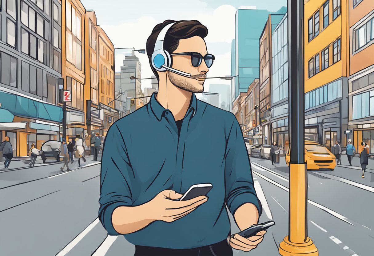 A person wearing a sleek, modern Bluetooth headset while using their cell phone in a bustling Canadian city